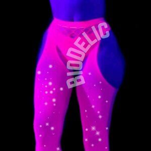NEON PINK Fishnet Garter Tights Bedazzled Rave Outfit Unisex Cosplay Festival